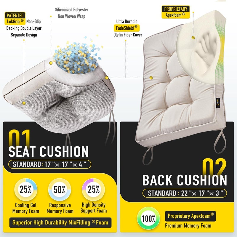 SUNROX Memory Foam Non Slip Rocking Chair Cushion, FadeShield Water Resistant Thicken Durable Tufted Pads, Set of Seat & Back Cushion with Ties for Indoor/Outdoor Rocker, 2 Piece, Cream - Image 2